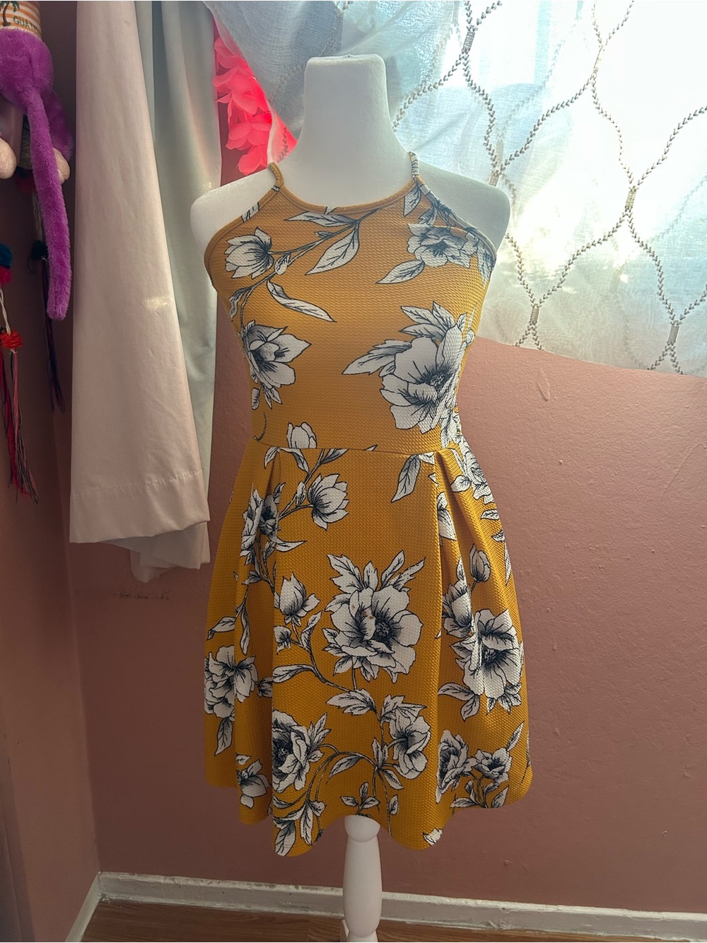 Scenic Floral Halter Mini Dress in Mustard Yellow